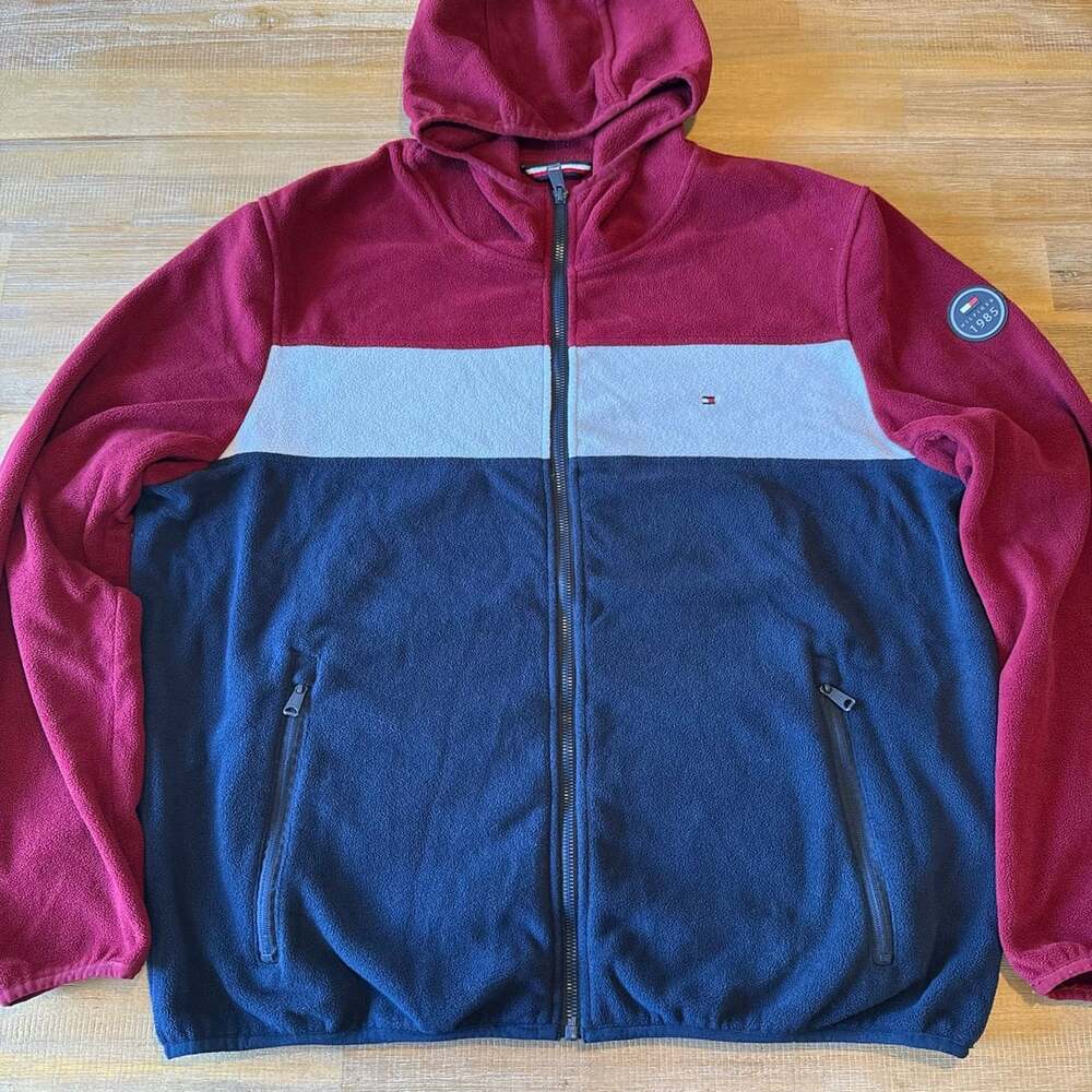 Tommy Hilfiger Colorblock Polar Fleece Jacket Mens XL Retro 90s Style Zip Hoodie
